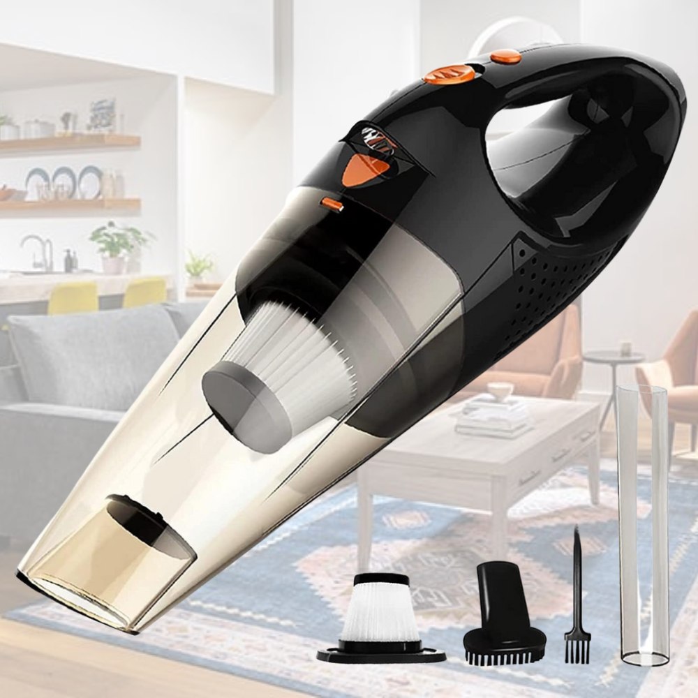 A wireless handheld car vacuum cleaning a car seat